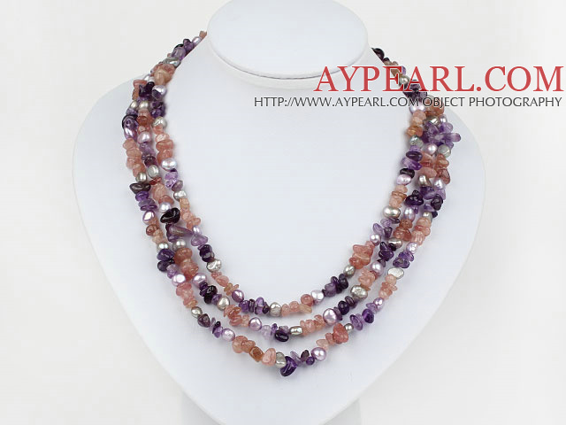 Pink Purple Series Three Strands Pearl and Amethyst and Strawberry Quartz Necklace