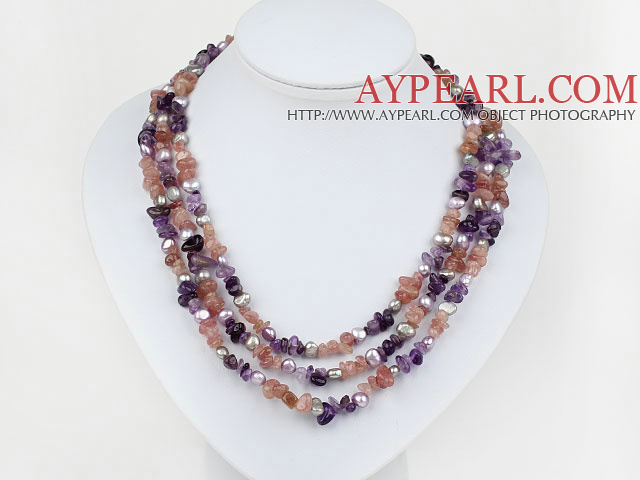 Pink Purple Series Three Strands Perle et Améthyste Collier quartz et fraise