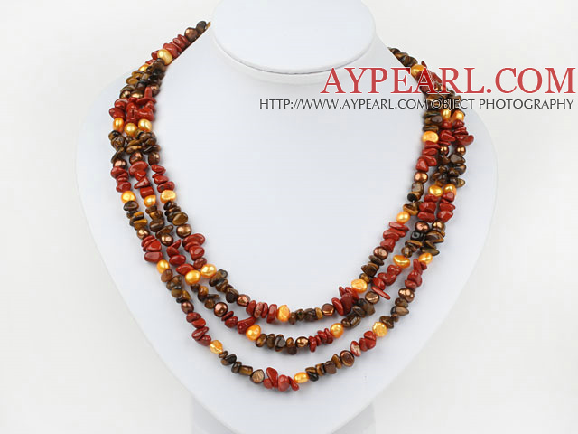 Red Series Three Strands Pearl and Tiger Eye and Red Jasper Necklace