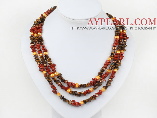 Red Series tre strenger Pearl og Tiger Eye og Red Jasper Halskjede