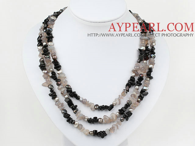 Gray Black Series Three Strands Pearl and Black Gray Agate Necklace