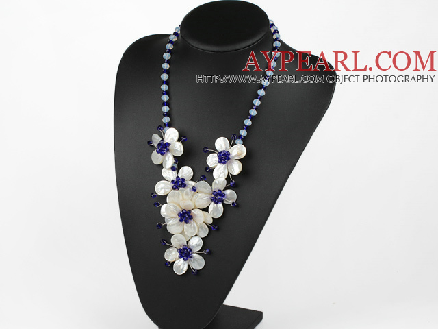 Elegant and Big Style Dark Blue Crystal and Opal and White Lip Shell Flower Necklace