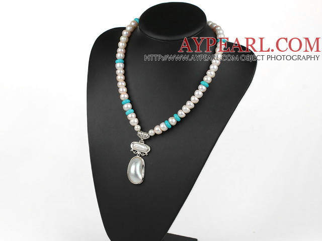 Natural White Freshwater Pearl and Turquoise Necklace with Nautilus Pendant