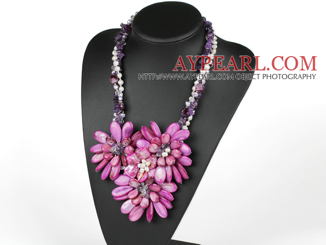 Elegant og stor stil Purple Pearl Crystal og Agate og Shell Flower partiet halskjede
