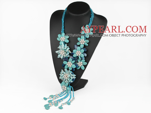 Элегантный и Большого стиля зеленый цвет зубов Форма Pearl и бирюзовый и голубой агат Flower партии ожерелье