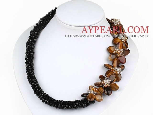 Elegant Style Black Crystal and Tiger Eye Flower Necklace