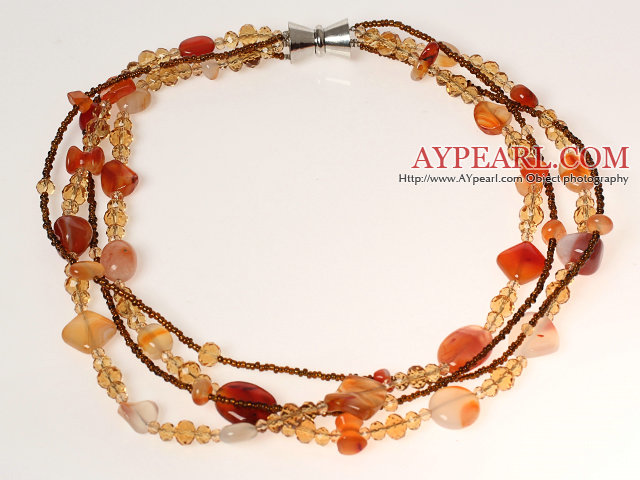 Multi Strands Natural Color Agate and Crystal Necklace with Magnetic Clasp