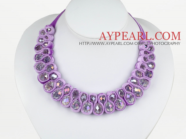 Fashion Style Clear with Colorful Crystal Woven Bib Necklace with Purple Velvet Ribbon