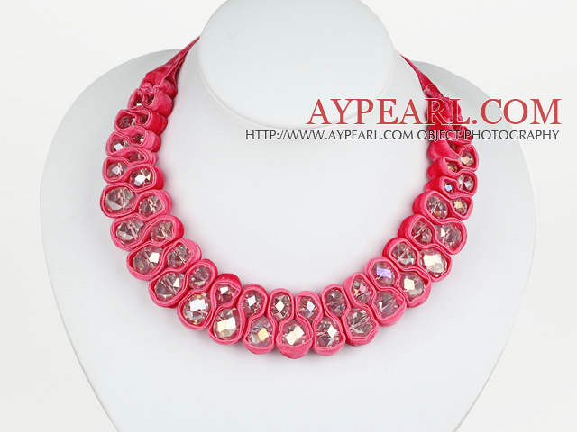 Fashion Style Clear with Colorful Crystal Woven Bib Necklace with Hot Pink Velvet Ribbon