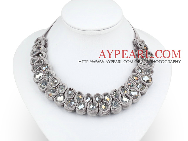Fashion Style Clear with Colorful Crystal and Gray Velvet Ribbon Woven Bib Necklace