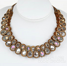 Fashion Style Clear with Colorful Crystal Woven Bib Necklace with Coffee Color Velvet Ribbon