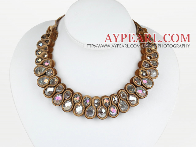 Fashion Style Clear with Colorful Crystal Woven Bib Necklace with Coffee Color Velvet Ribbon