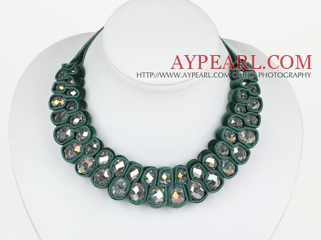 Fashion Style Clear with Colorful Crystal Woven Bib Necklace with Peacock Green Velvet Ribbon