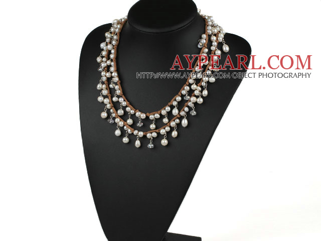 Long Style White Freshwater Pearl Crystal Necklace with Brown Cord