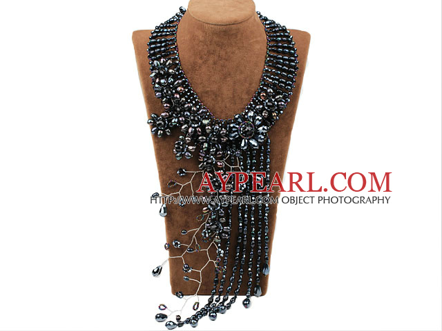 Elegant og Big stil svart Freshwater Pearl Crystal Tassel partiet halskjede