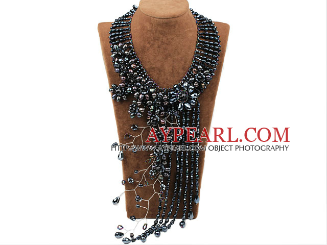 Elegant și Big Style negru de apă dulce Pearl Tassel parte de cristal colier