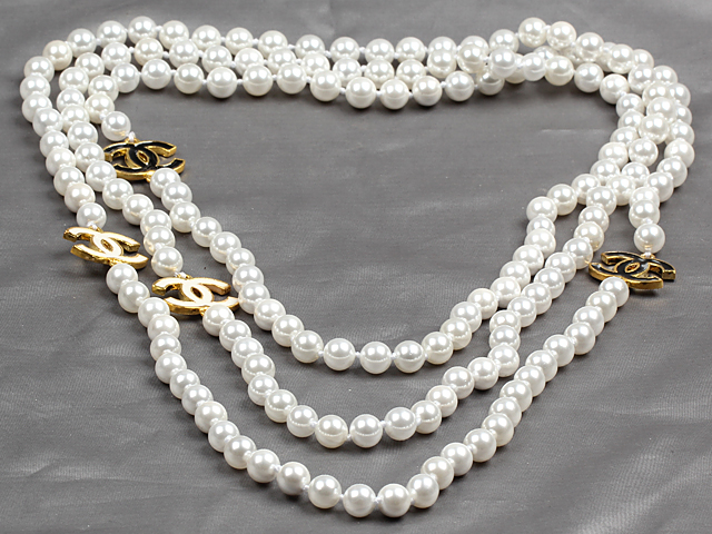 Long Style 8mm White Color Sea Shell Beaded Necklace