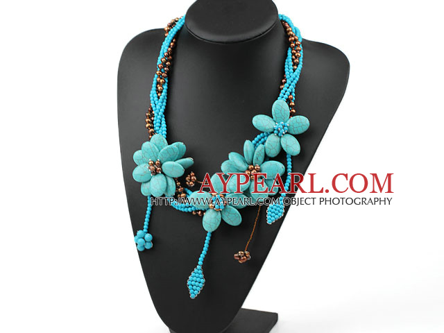 Elegant and Big Style Brown Pearl and Turquoise Flower Party Necklace