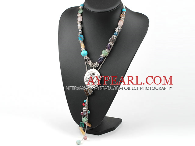 Assorted Multi Color Multi Stone Y Shape Necklace with Owl Shape Pendant