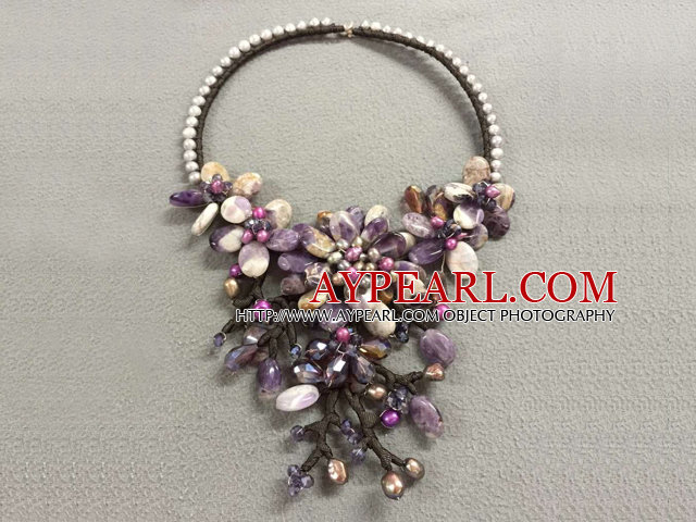 Fantastic Statement Style Natural Freshwater Pearl Amethyst Crystal Flower Party Necklace