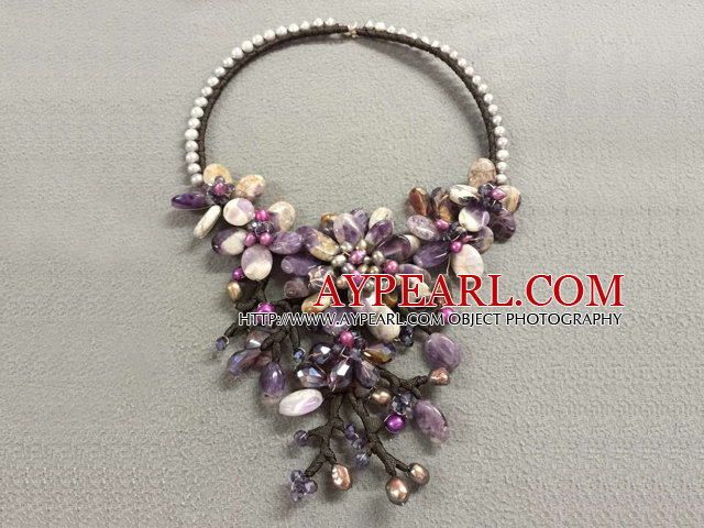 Fantastisk Statement stil Naturfreshwater Pearl Amethyst Crystal Flower partiet halskjede