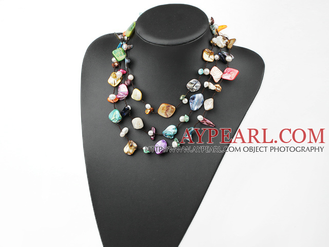 Long Style Multi Color Shell Necklace with Black Thread