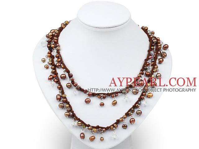 Lang stil Brown Ferskvann Pearl Necklace med Brown Tråd