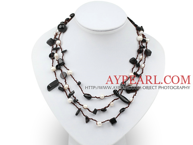 Long Style White Freshwater Pearl and Black Agate Necklace