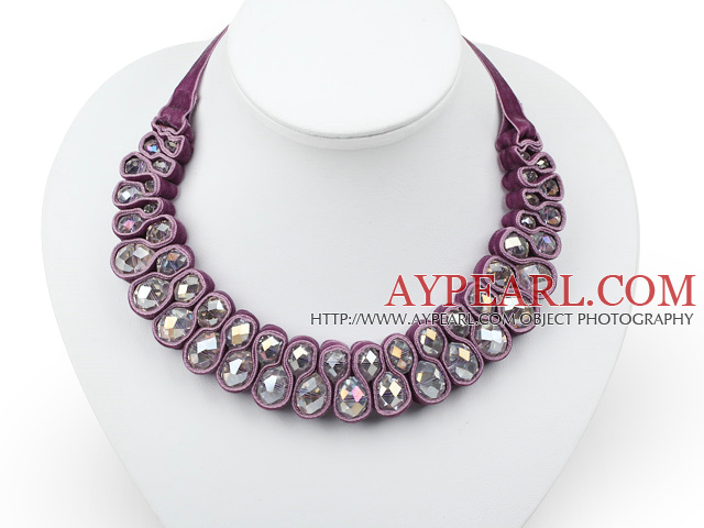 Fashion Style Clear Crystal Woven Bib Necklace with Dark Purple Velvet Ribbon