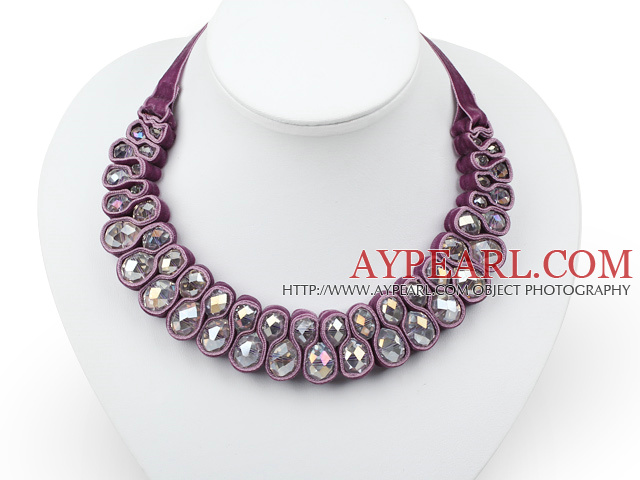 Mote Stil Clear Crystal Woven Bib Halskjede med Dark Purple Velvet Ribbon