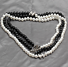 Long Style 8mm Black and White Color Sea Shell Beaded Necklace
