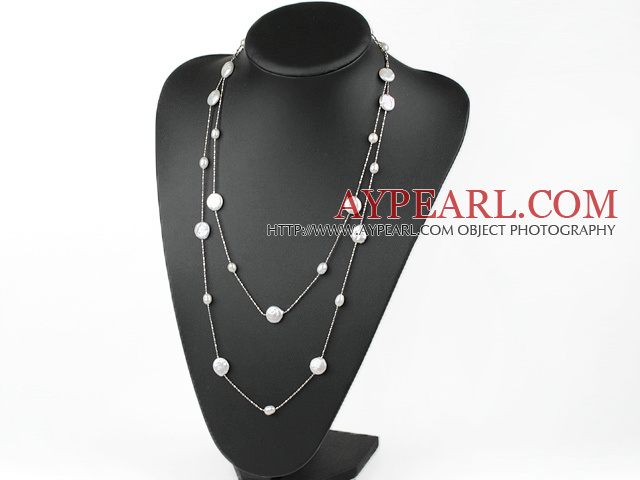 Classic Design Natural White Coin Pearl Long Necklace