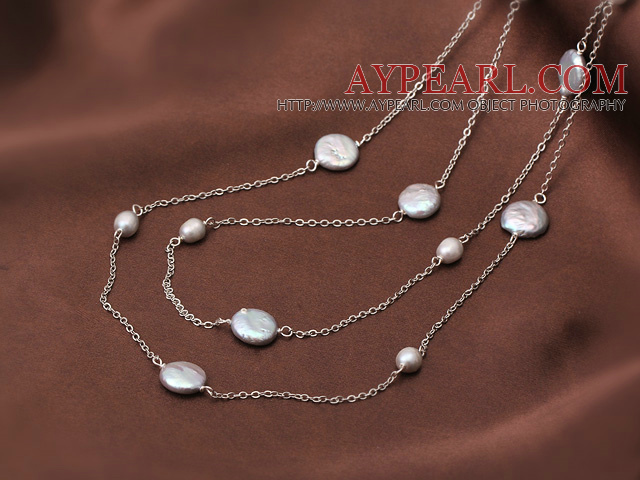 Classic Design Natural Gray Coin Pearl Long Necklace