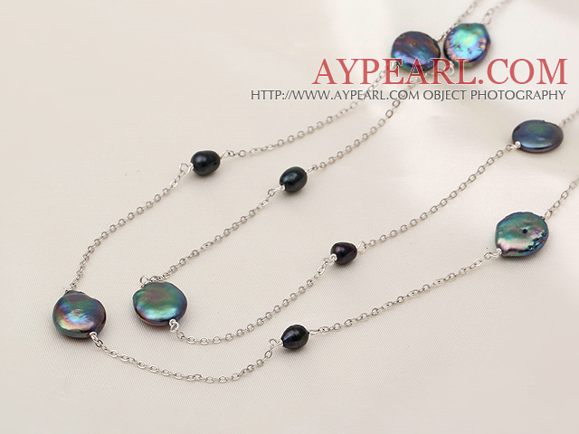 Classic Design Natural Black Coin Pearl Long Necklace