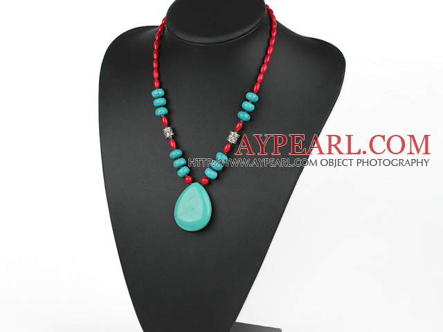 Assortert Red Coral og turkis Necklace med Drop Shape Turkis anheng