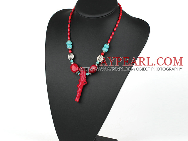 Elegant Style Assorted Red Coral and Turquoise Necklace with Branch Shape Red Coral Pendant