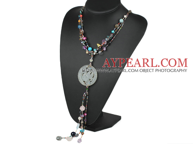 Assorted Multi Color Pearl and Crystal Y Shape Necklace with Serpentine Jade