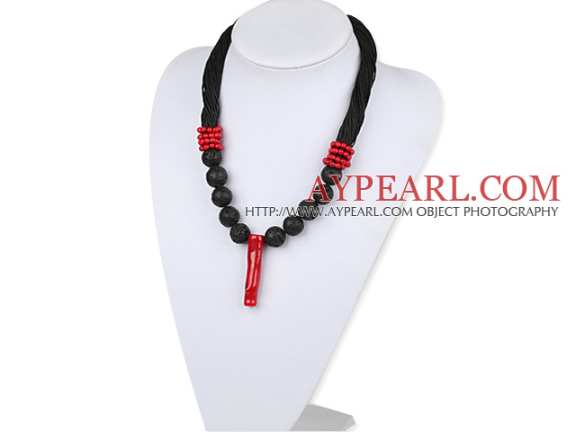 Bold Style New Design Branch Shape Red Coral and Volcanic Rocks Beads Necklace