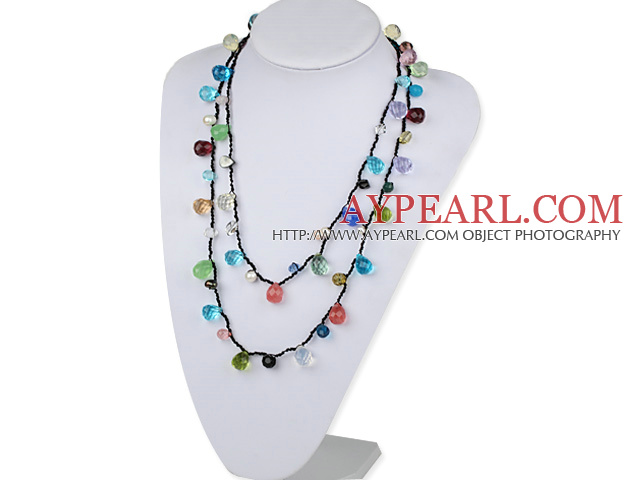 Long Style Assorted Multi Color Drop Shape Crystal Necklace with Black Thread