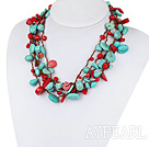 Multi Strands Assorted Red Coral and Turquoise Necklace with Brown Thread