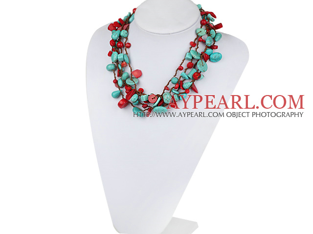 Multi Strands Assorted Red Coral and Turquoise Necklace with Brown Thread