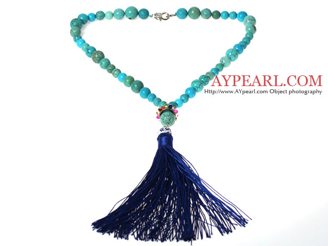 Turquoise Y Shape Necklace with Dark Blue Thread Tassel