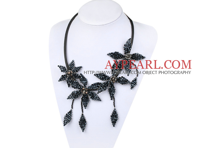 Nouveau design Cristal Noir Collier Fleur tissé avec cordon en cuir