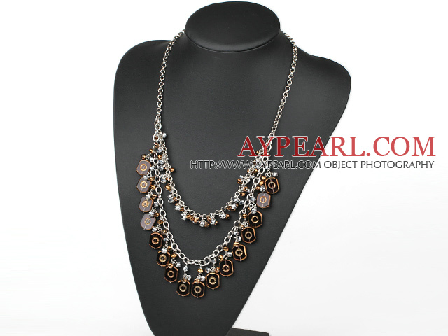 New Design Double Layer Brown Crystal und farbige Glasur Halskette mit Metall-Kette