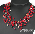 Fancy Style Red Coral and White Pearl Necklace with Lobster Clasp