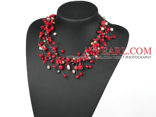 Fancy Style Red Coral and White Pearl Necklace with Lobster Clasp