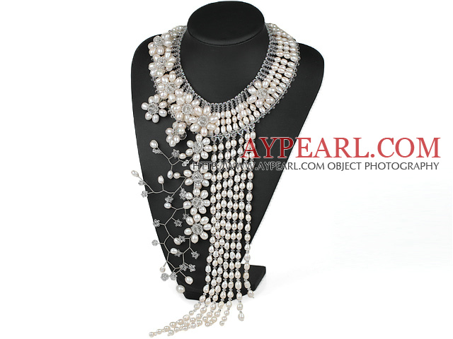 Elegant and Big Style White Freshwater Pearl Crystal Flower Party Tassel Necklace