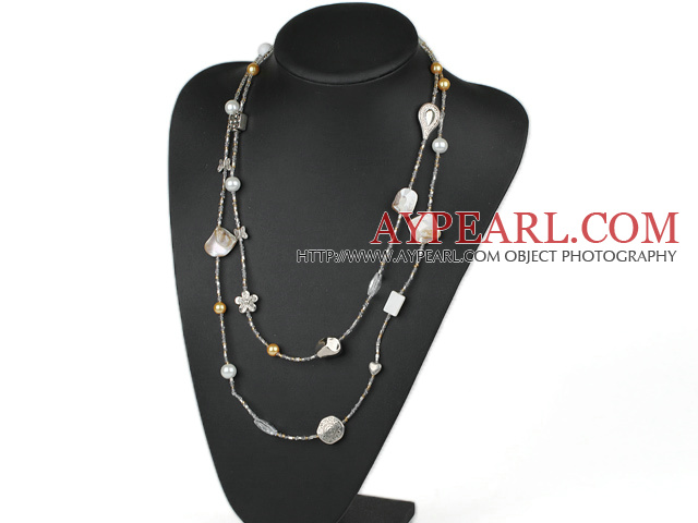 White Series Long and Fashion Style Seashell Beads and Crystal Necklace