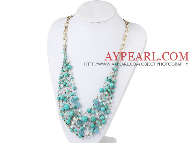 Green Series Multi Layer Turkos och Kyanit och Light Blue Crystal Halsband med metall kedja