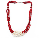 Multi Strands Zylinderform White and Red Coral Necklace